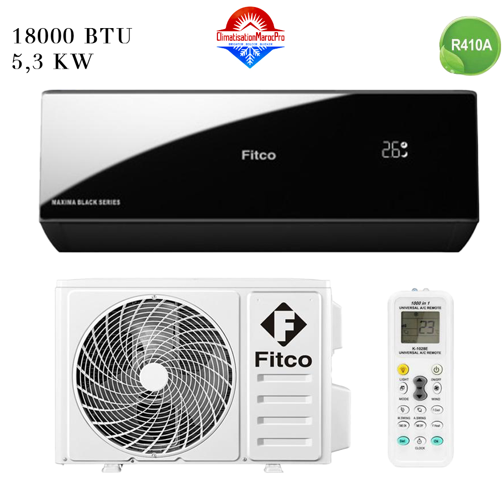 Climatiseur FITCO 18000 BTU Noir Miroir, puissant et silencieux, économie d’énergie, installation en option, livraison gratuite au Maroc.