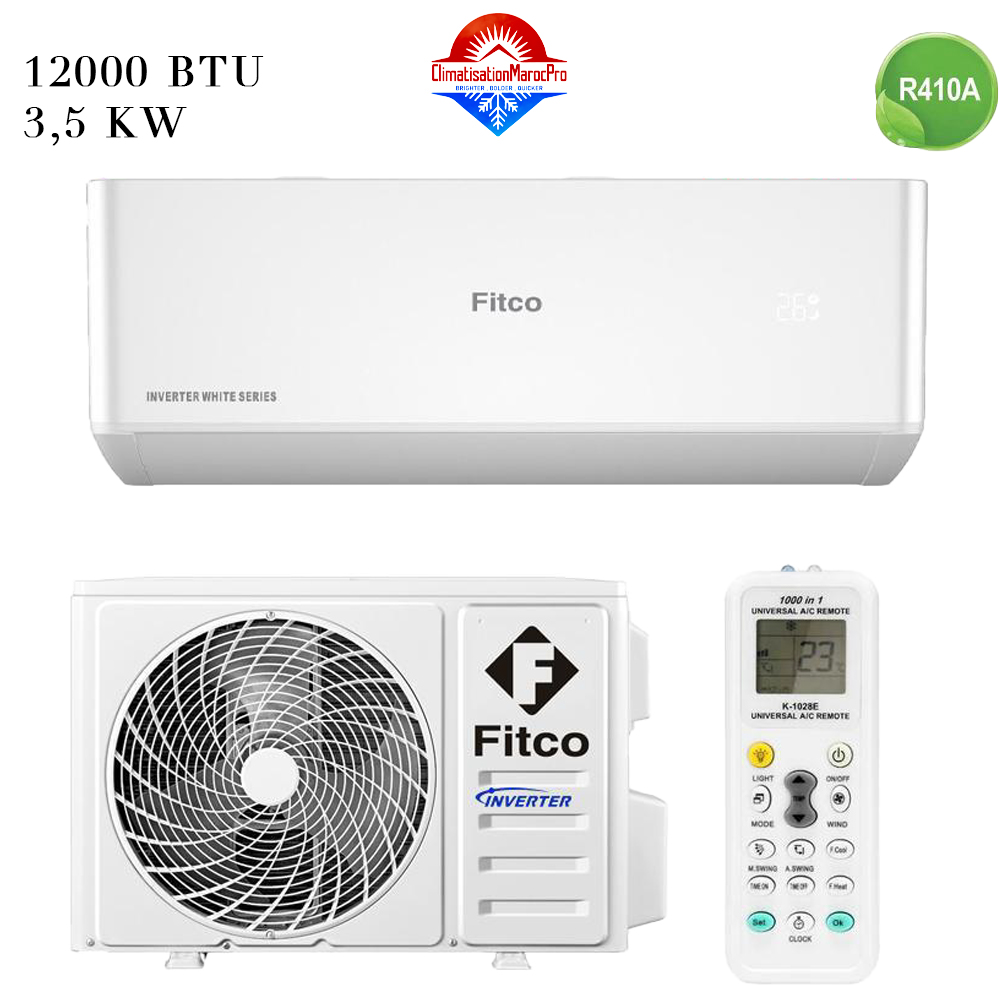 Climatiseur Fitco 12000 BTU Inverter, performant, silencieux, gaz R410, installation en option et livraison gratuite au Maroc.