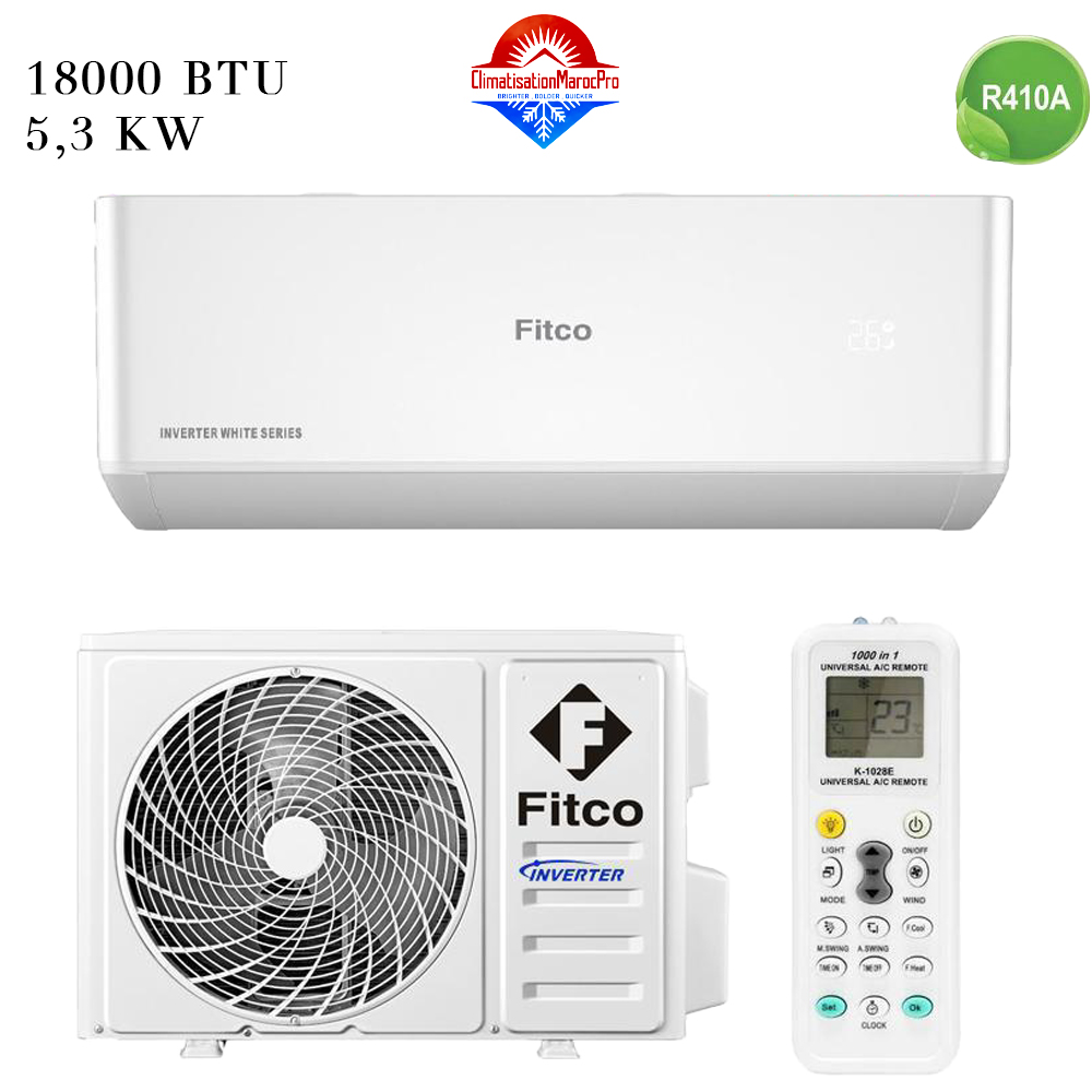 Climatiseur Fitco 18000 BTU Inverter, puissant, silencieux, gaz R410, installation en option et livraison gratuite au Maroc.