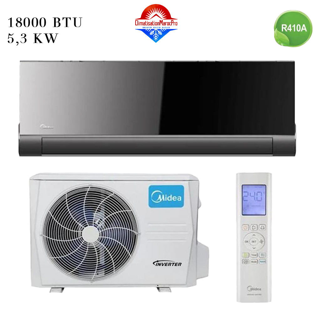 Climatiseur Midea 18000 BTU Inverter Noir Miroir – Performance et design moderne au Maroc.