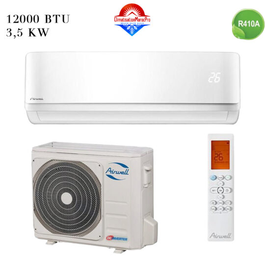 Climatiseur Split Mural Airwell 12000 BTU Inverter – Économique, silencieux et performant au Maroc. Livraison gratuite et installation en option.