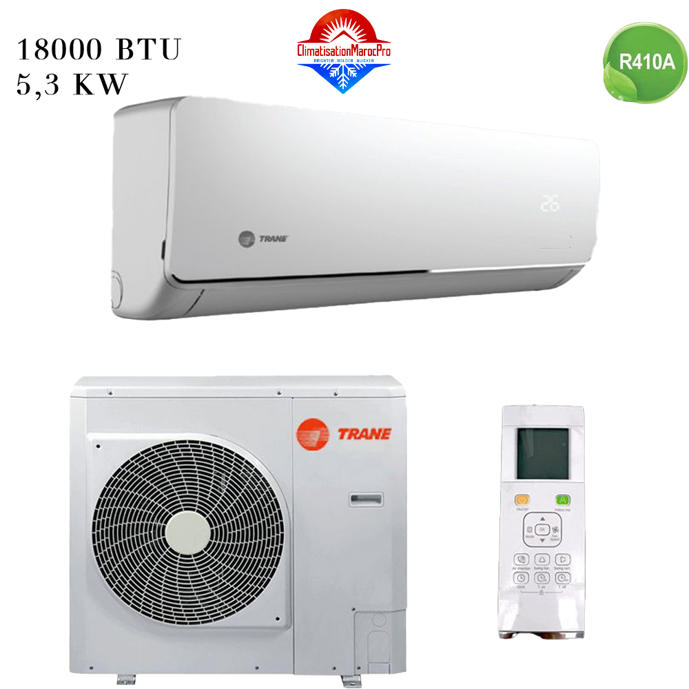 Climatiseur Trane 18000 BTU R410, puissant, écoénergétique, design moderne, livraison gratuite et installation en option au Maroc.