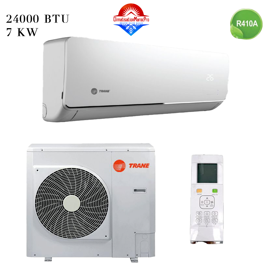 Climatiseur Trane 24000 BTU R410, puissant, écoénergétique, design moderne, livraison gratuite et installation en option au Maroc.