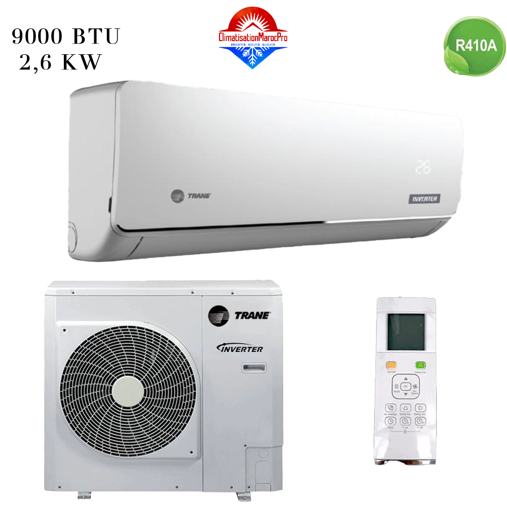 Climatiseur Trane 9000 BTU Inverter, performant, économique, design moderne, livraison gratuite et installation en option au Maroc.