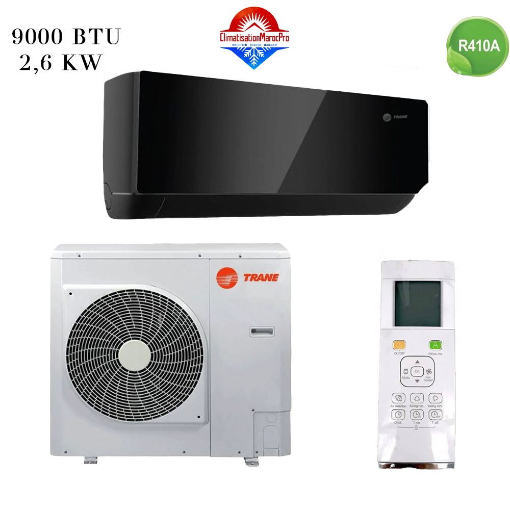 Climatiseur Trane Black Mirror 9000 BTU R410, design moderne, haute performance, économie d'énergie, disponible au Maroc.