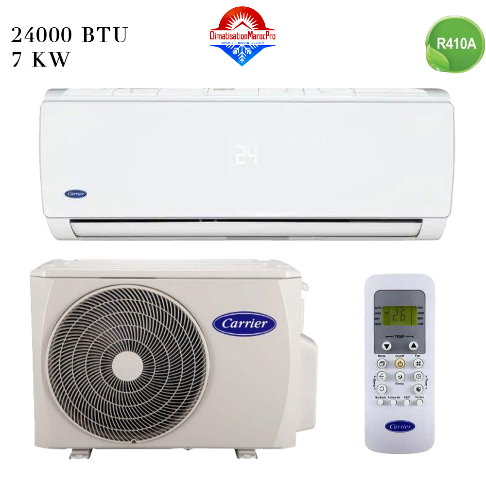 Climatiseur Carrier Mono Split On/Off disponible au Maroc – modèles 9000 BTU à 36000 BTU. Garantie 3 ans, service d’installation en option, prix compétitif.