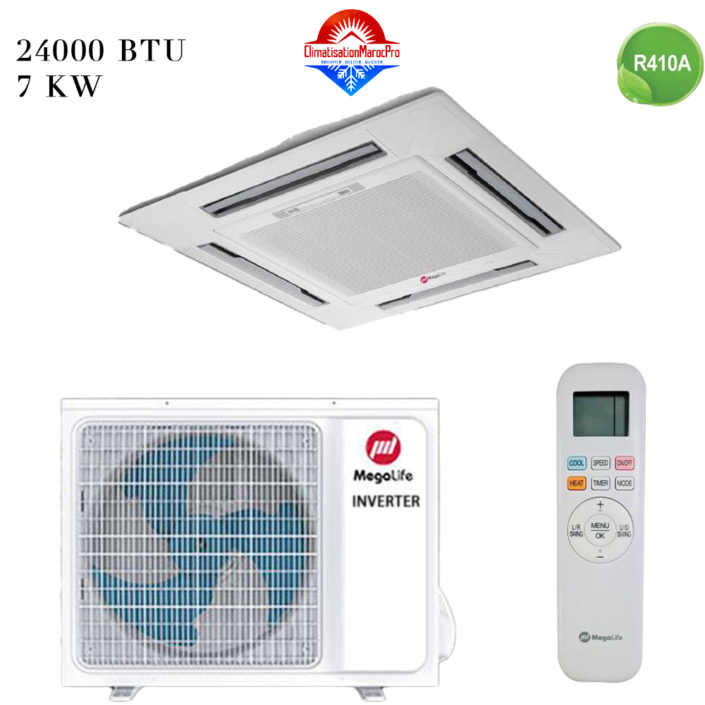 Climatiseur Cassette Mégalife 24000 BTU Inverter 7 kW – Solution efficace pour climatisation dans des espaces moyens avec faible consommation énergétique.