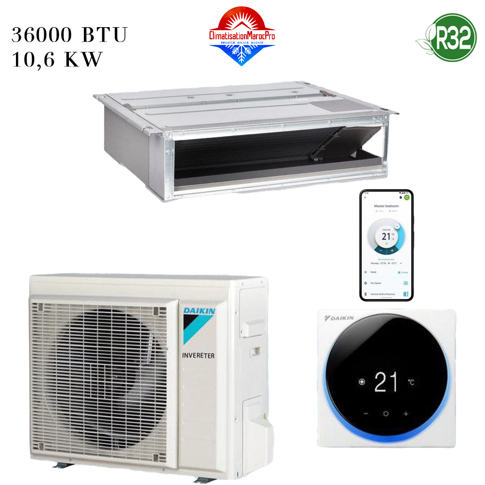 Climatiseur DAIKIN Gainable 36000 BTU Inverter 10.6 kW – refroidissement puissant, économique et silencieux, installation professionnelle au Maroc.