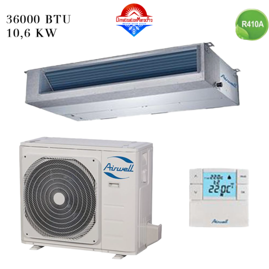 Climatiseur Gainable Airwell 36000 BTU 10.6 kW – Performance et efficacité énergétique, installation discrète au Maroc.