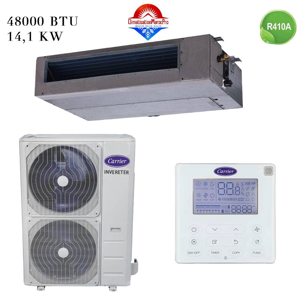 Climatiseur Gainable Carrier 48000 BTU Inverter 14.1 kW – Puissant et économique.