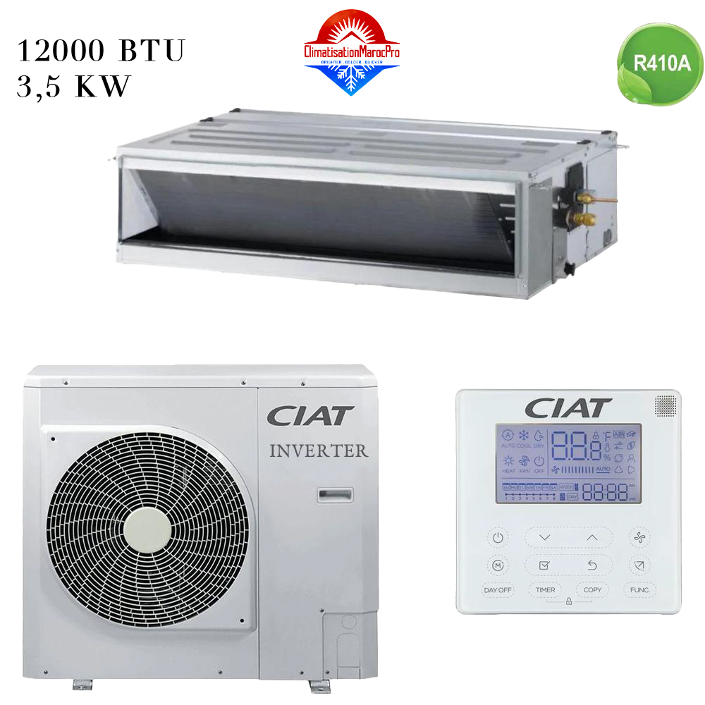 Climatiseur Gainable CIAT 12000 BTU Inverter 3.5 kW – Solution de climatisation écoénergétique, silencieuse et discrète, idéale pour petits espaces.