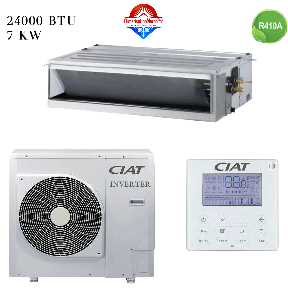 Climatiseur Gainable CIAT 24000 BTU Inverter 7 kW – Refroidissement économique et silencieux, idéal pour les espaces moyens avec installation discrète.