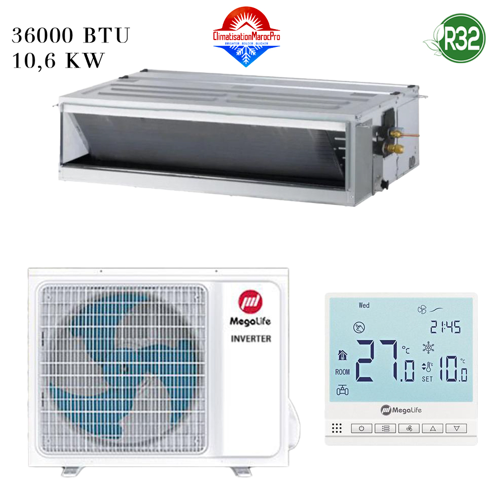 Climatiseur Gainable Mégalife 36000 BTU Inverter R32 – Confort et performance.