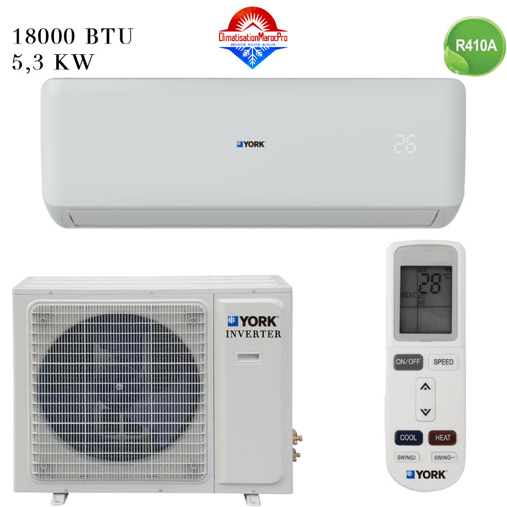Climatiseur York 18000 BTU 5.3 kW Inverter R410A – Refroidissement performant et écologique pour espaces de taille moyenne.