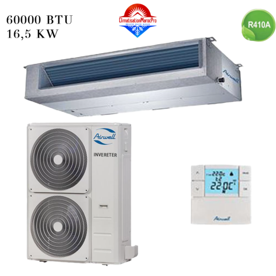 Climatiseur Gainable Airwell 60000 BTU Inverter 16.5 kW – Refroidissement rapide et écoénergétique pour grands espaces, avec installation professionnelle au Maroc.