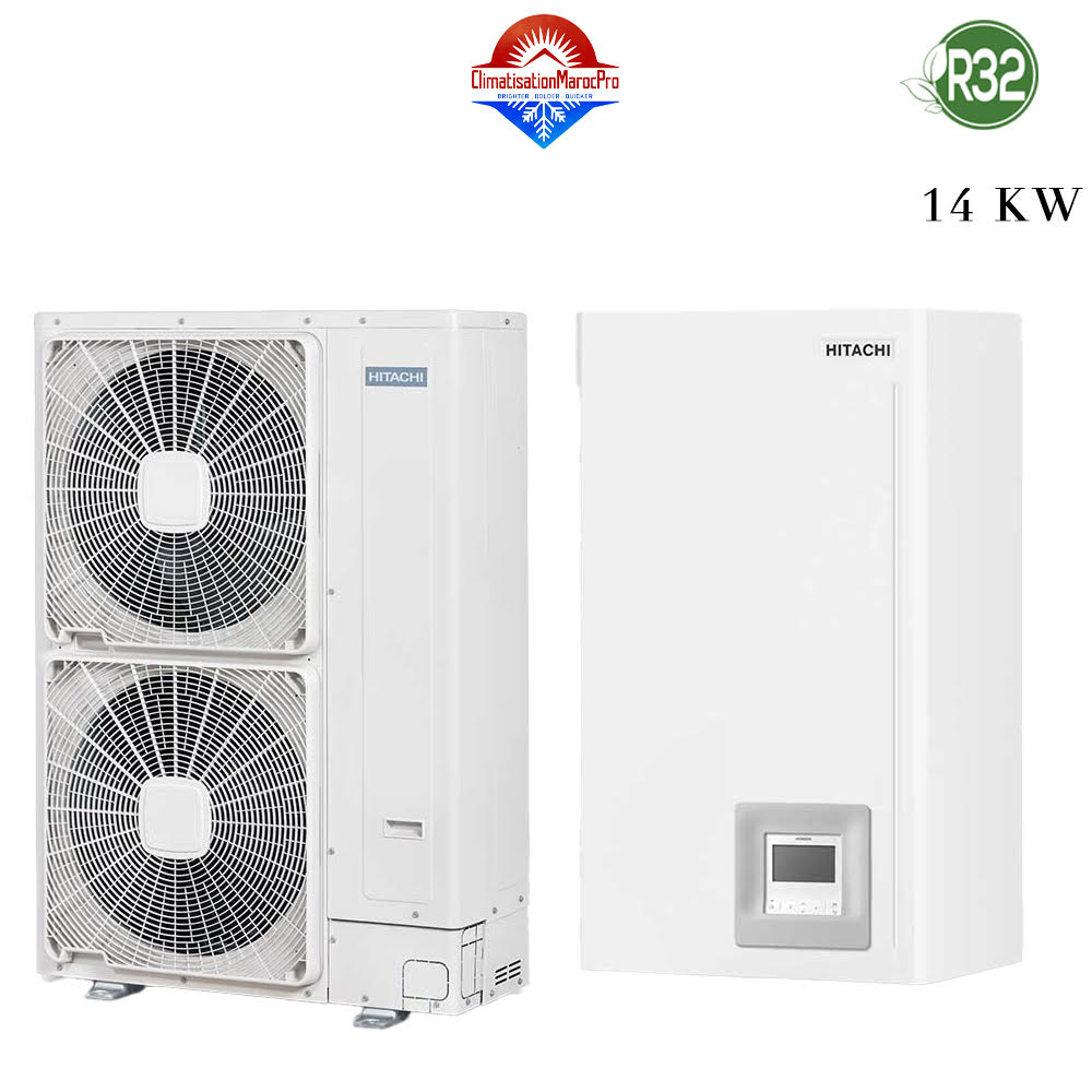 Pompe à Chaleur Air Eau Hitachi 14 kW – Solution écoénergétique pour chauffage, rafraîchissement et eau chaude sanitaire avec fluide R32.