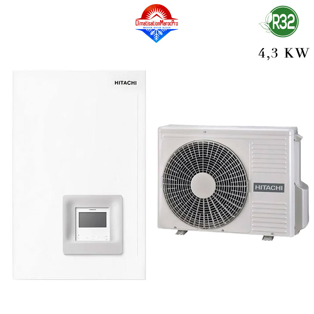 Pompe à Chaleur Air Eau Hitachi 4,3 kW R32 – Solution de chauffage et de rafraîchissement compacte et écoénergétique pour petits espaces.