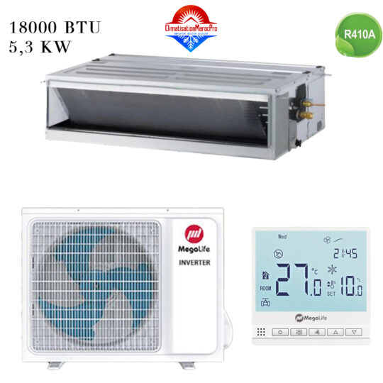 Climatiseur Gainable Mégalife 18000 BTU Inverter 5.3 kW pour un confort thermique efficace et une faible consommation d'énergie.